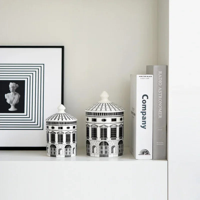 TWO BUILDING STORAGE JARS BLACK AND WHITE