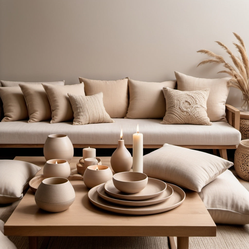 Cozy living room with a comfortable sofa, soft pillows, a wooden table, and decorative bowls, mugs, and candles.