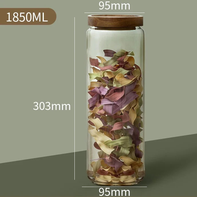  GLASS AND WOOD CYLINDRICAL STORAGE JAR 1850ML 