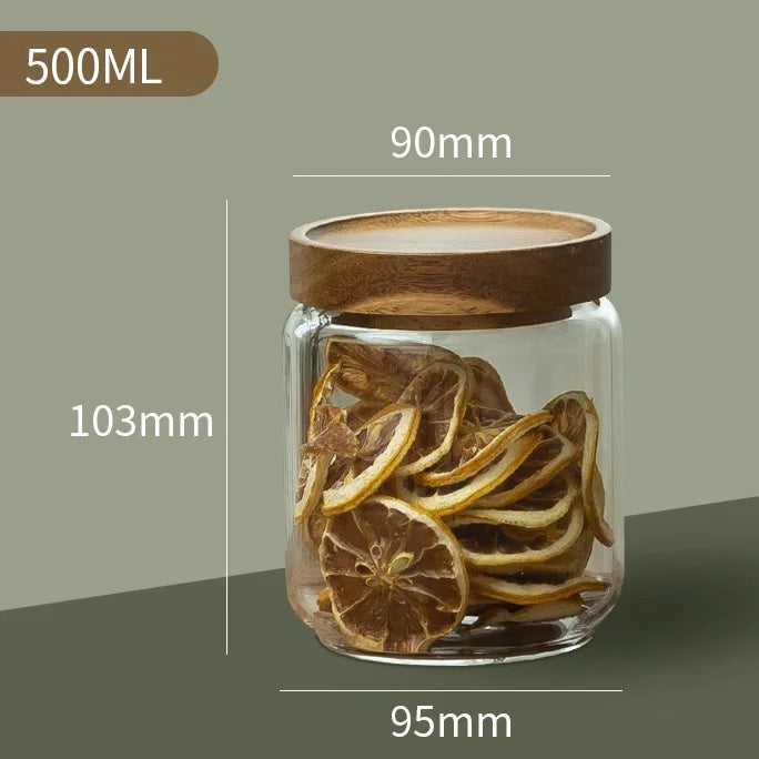  GLASS AND WOOD CYLINDRICAL STORAGE JAR 500ML 