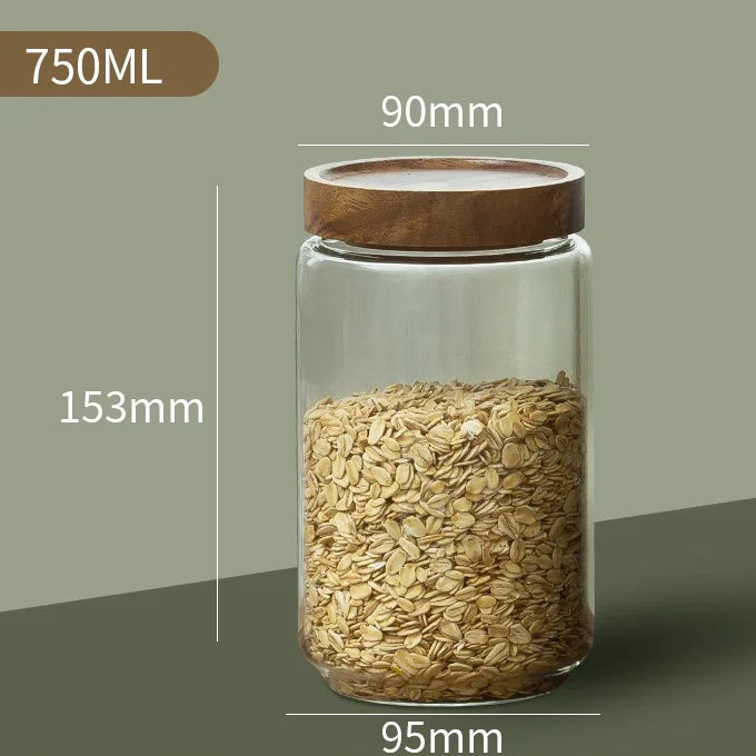  GLASS AND WOOD CYLINDRICAL STORAGE JAR 750ML 