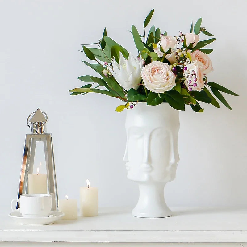 LONG WHITE FACE DESIGN VASE WITH FLOWERS 