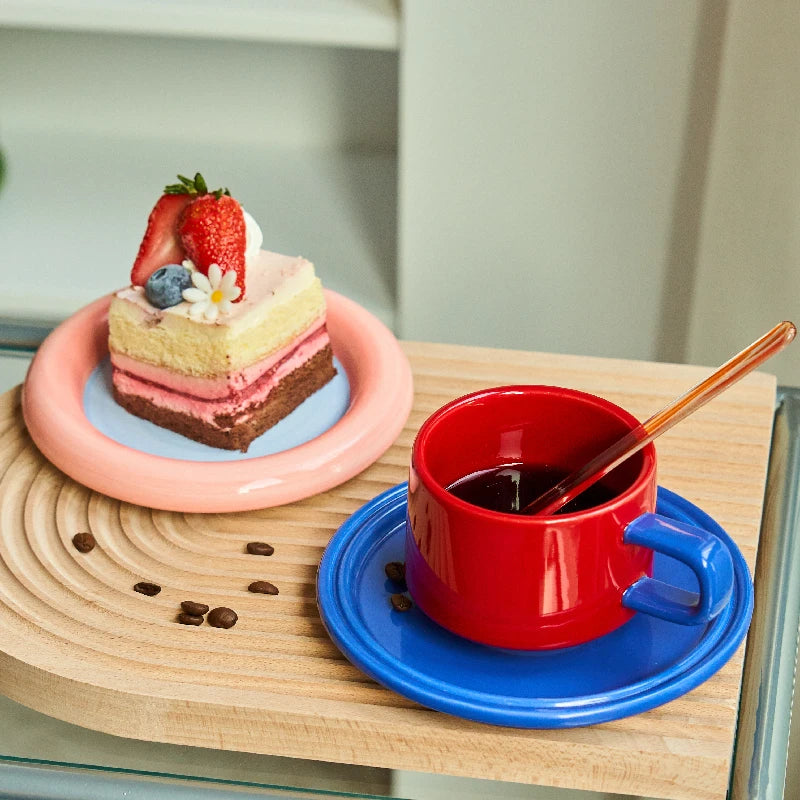 VIVID RED BLUE COLOUR MUG WITH TRAY