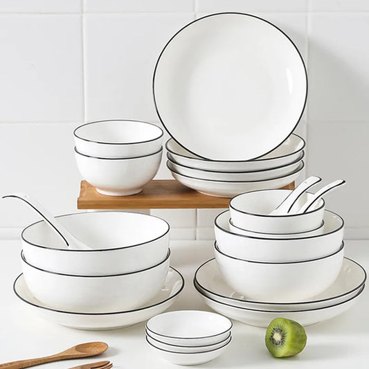 WHITE BLACK EDGE PLATES SET